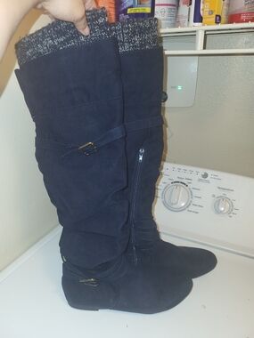 Classic Women's Tall Knit-Trim Blue Suede Boots